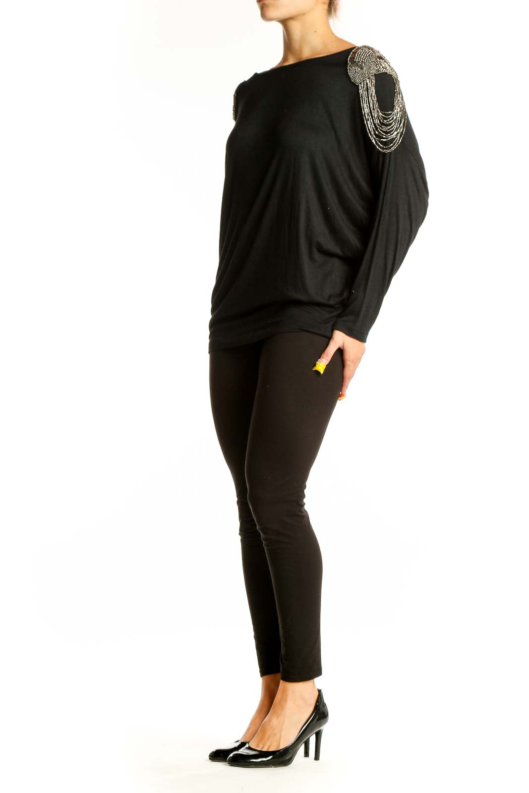 Front view of Unyx Black Dolman Top with silver beaded shoulder embellishments