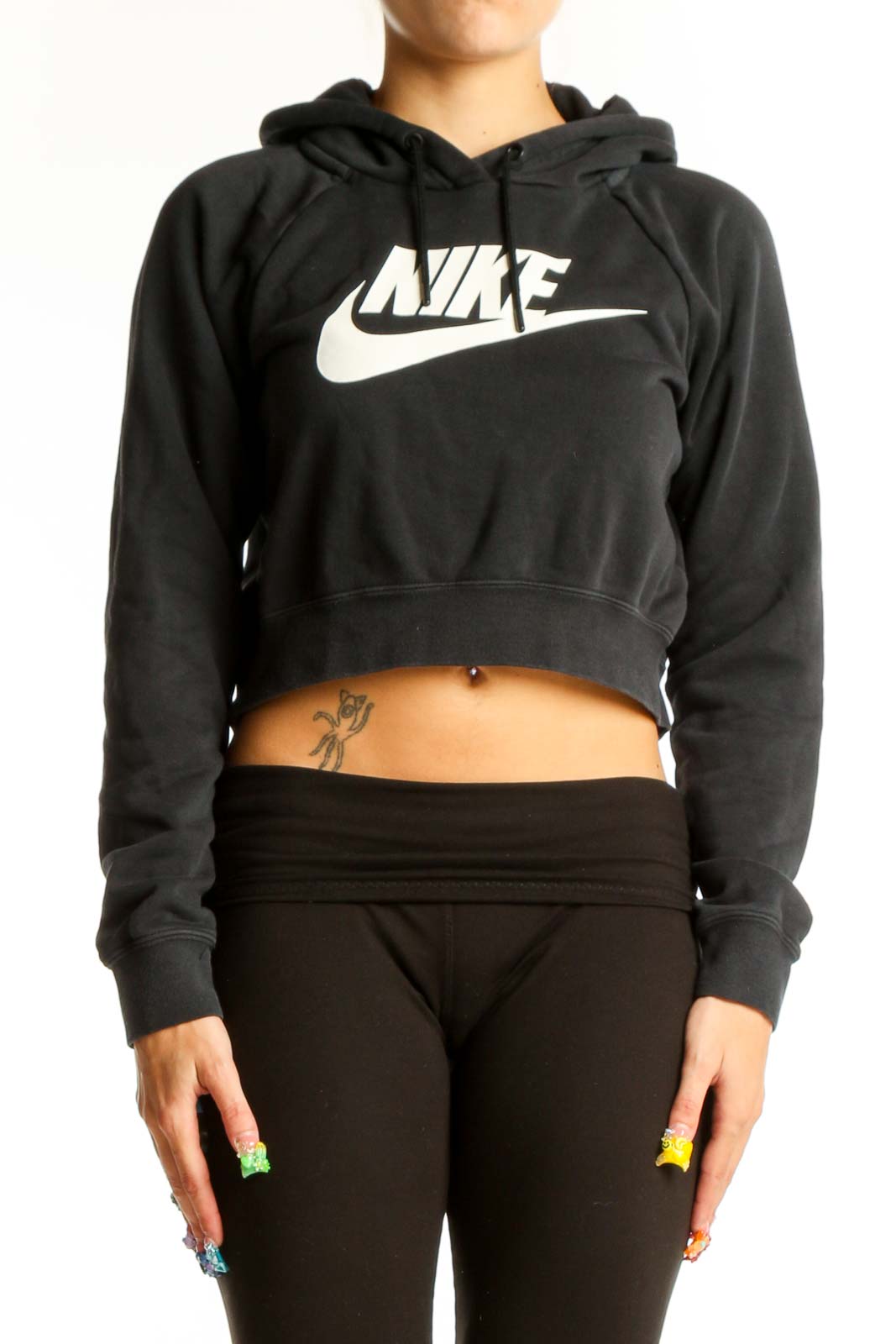 Front view of black Nike cropped hoodie with white swoosh logo