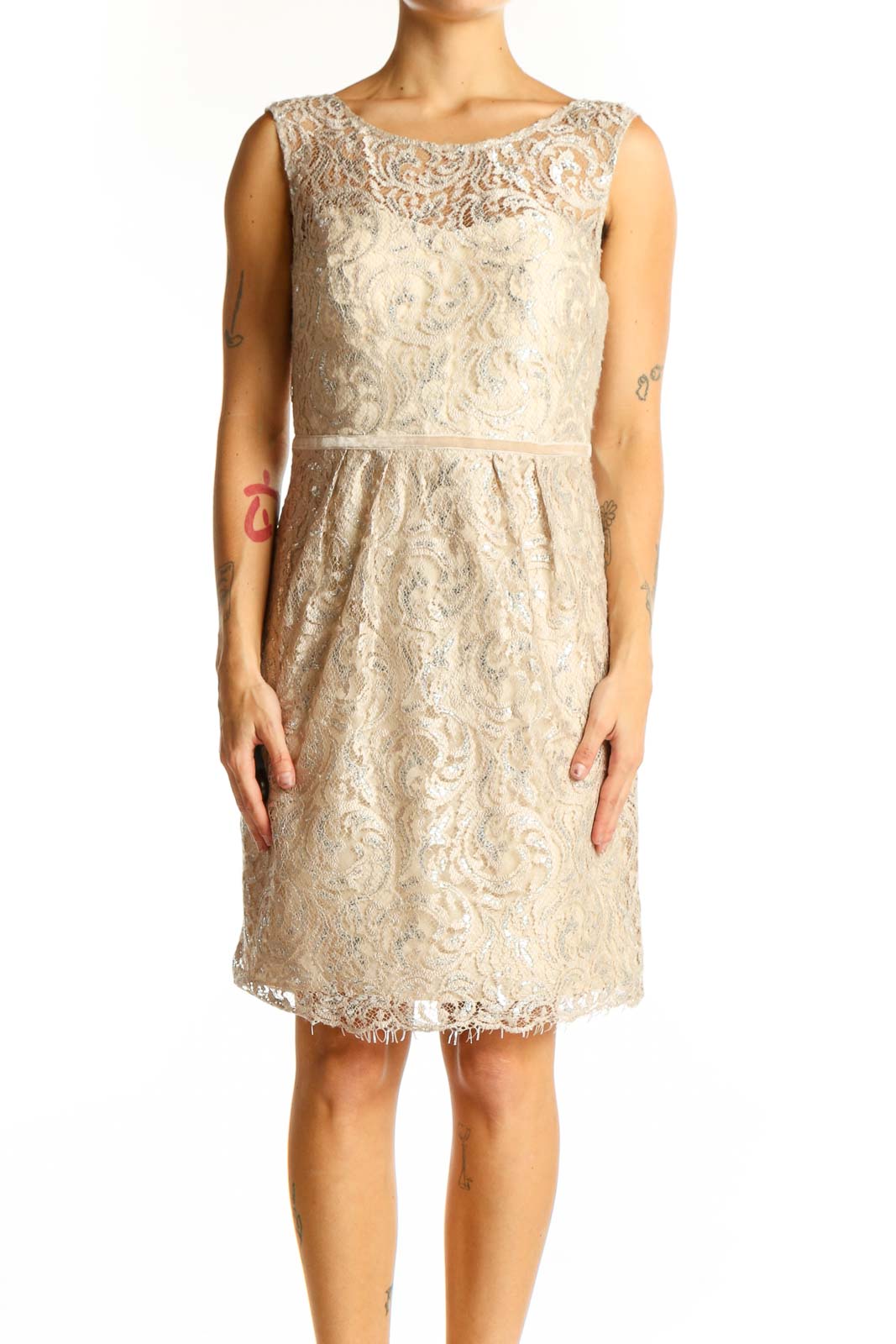 Front view of Jenny Yoo Collection beige lace sleeveless cocktail dress