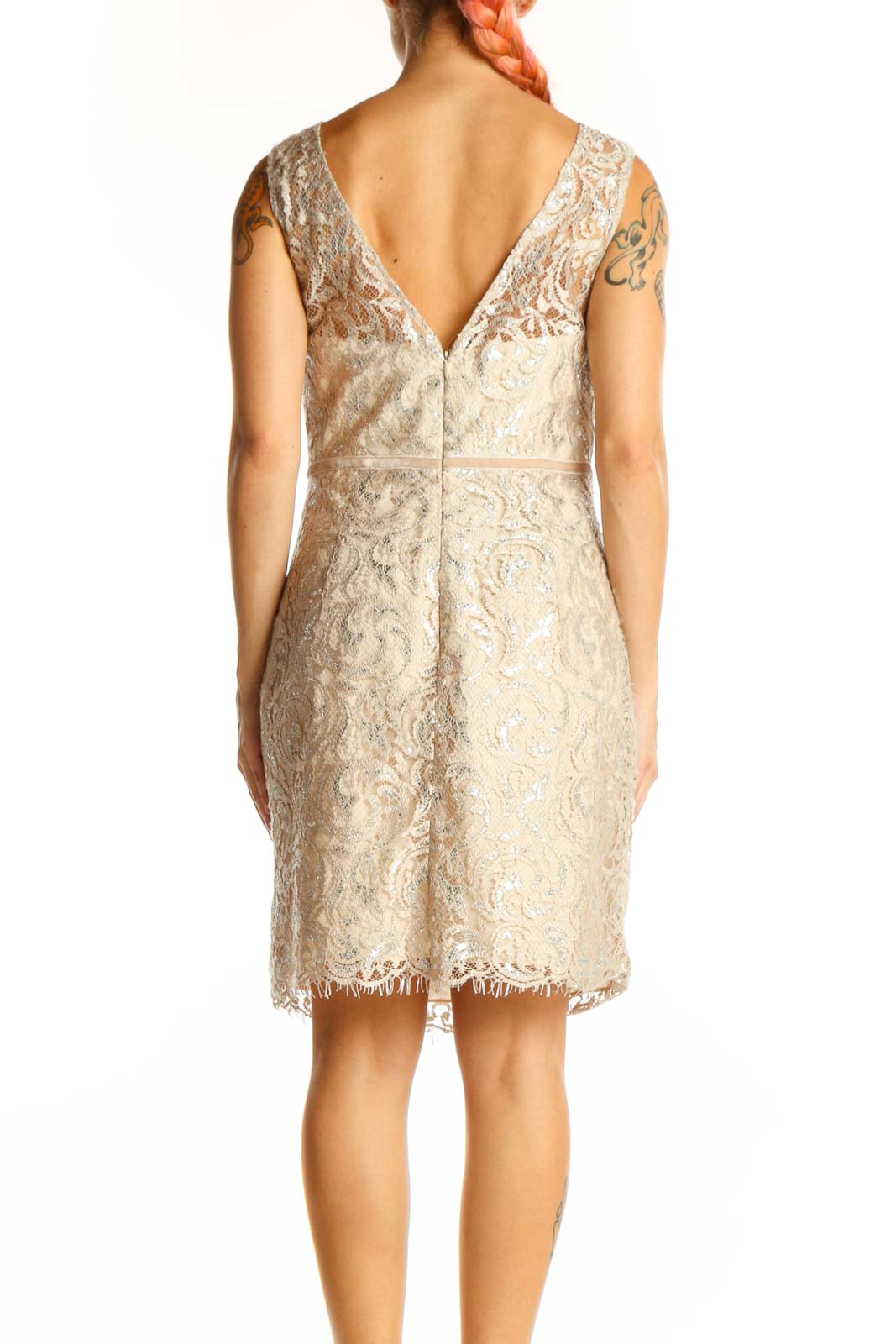 Side view of Jenny Yoo Collection beige lace sleeveless cocktail dress