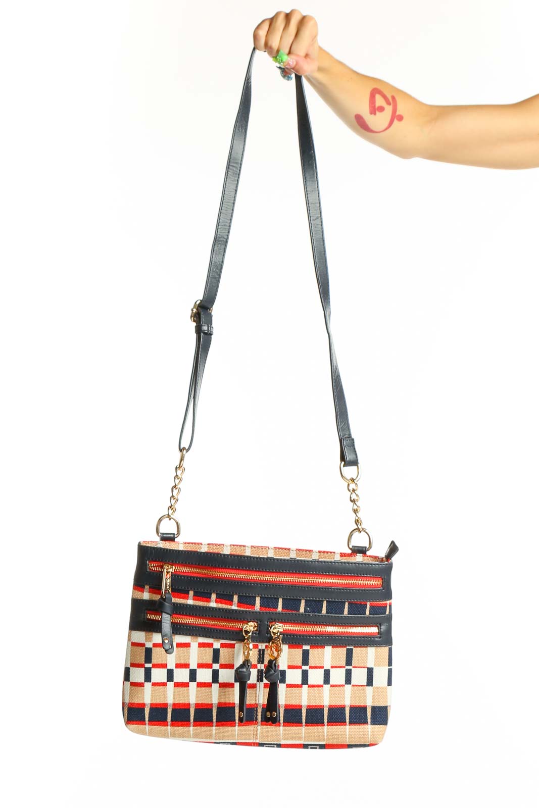 Front view of Navy Geometric Print Crossbody Bag by Spartina 449