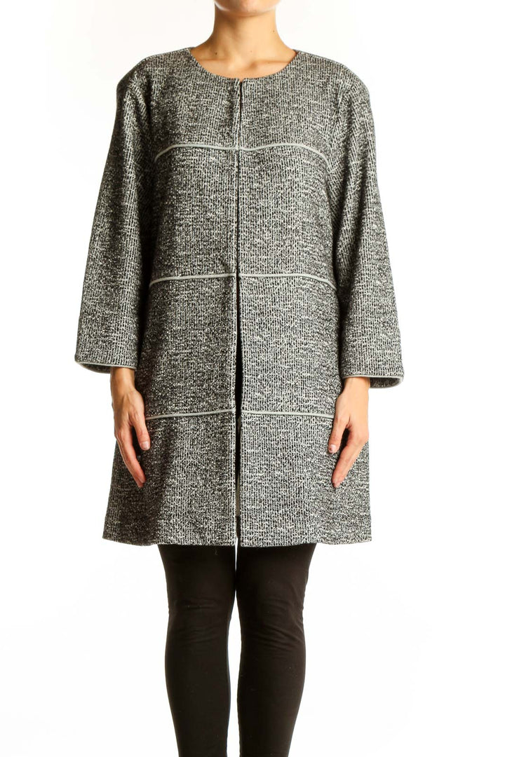Front view of Cabi gray textured knit tunic sweater with grid pattern