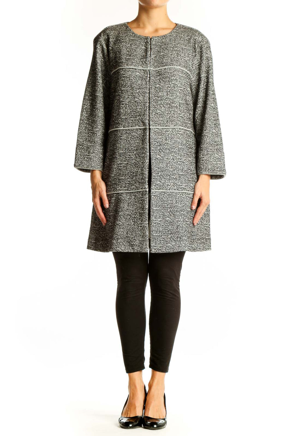 Front view of Cabi gray textured knit tunic sweater with grid pattern