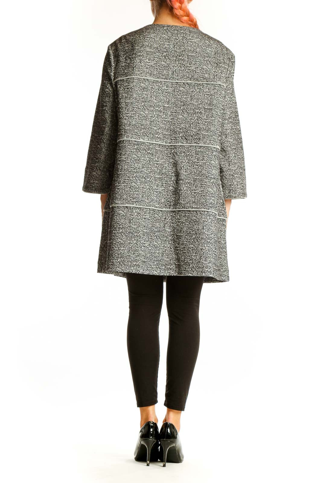 Side view of Cabi gray textured knit tunic sweater showing length and fit