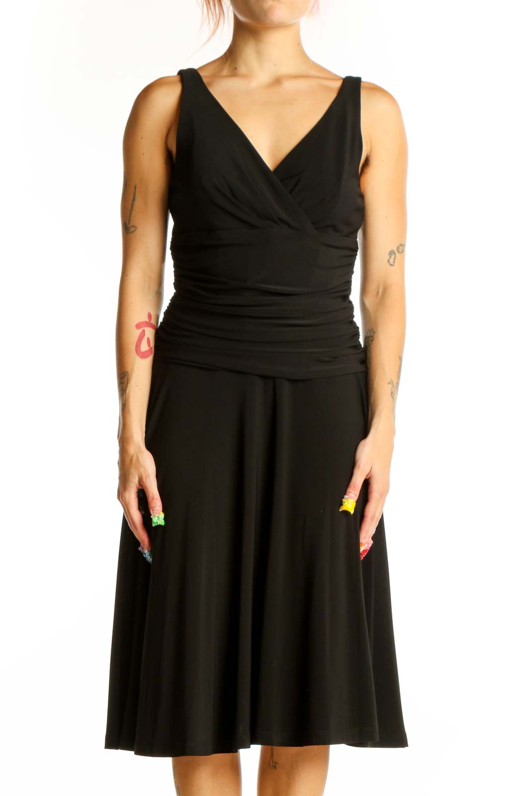 Front view of black V-neck cocktail dress with ruched waistline