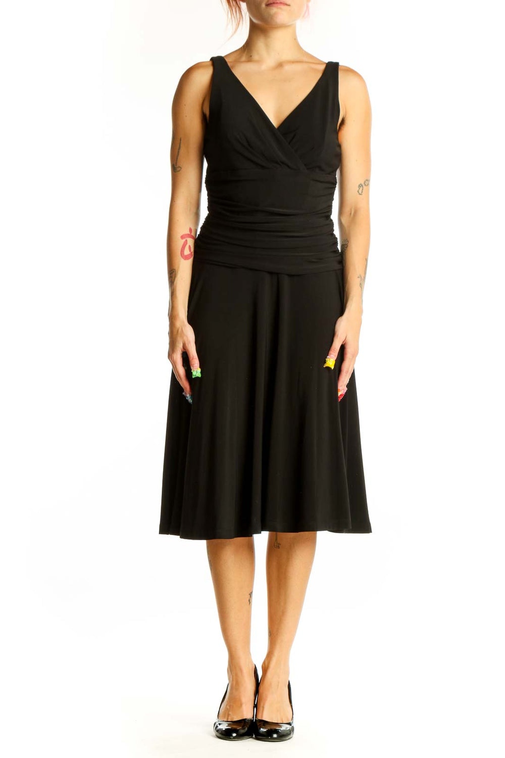Front view of black V-neck cocktail dress with ruched waistline