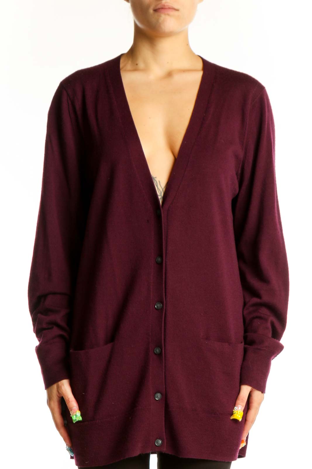 Front view of burgundy Banana Republic V-neck cardigan in extra fine Merino wool