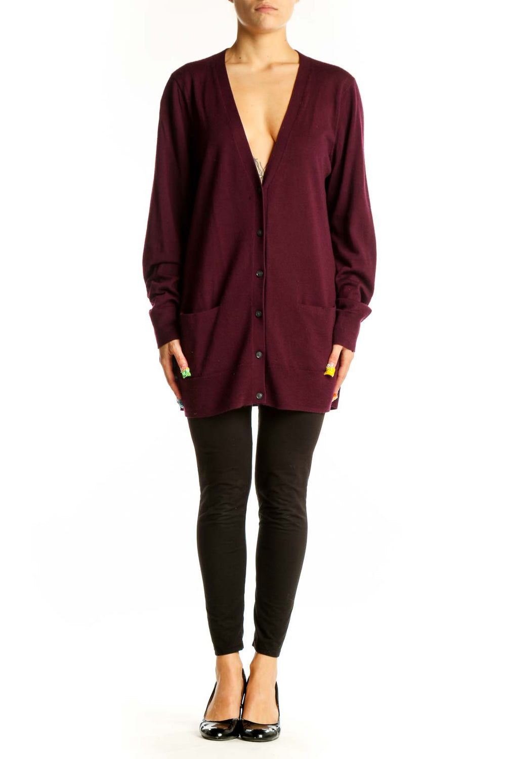 Front view of burgundy Banana Republic V-neck cardigan in extra fine Merino wool