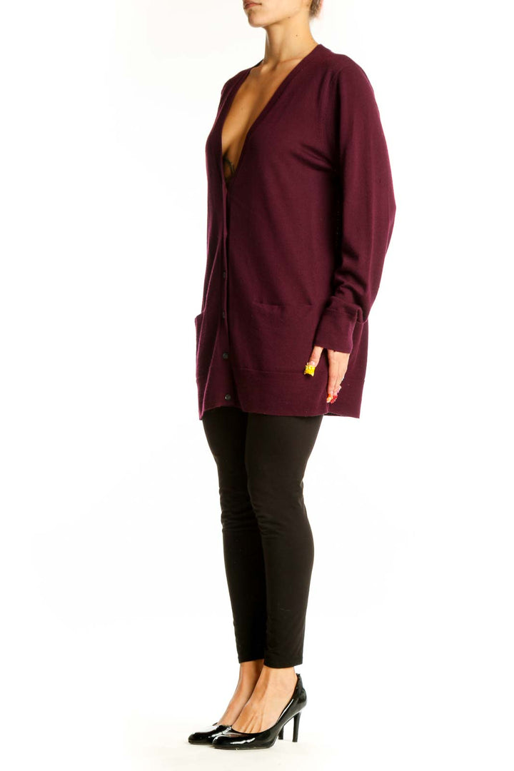 Front view of burgundy Banana Republic V-neck cardigan in extra fine Merino wool