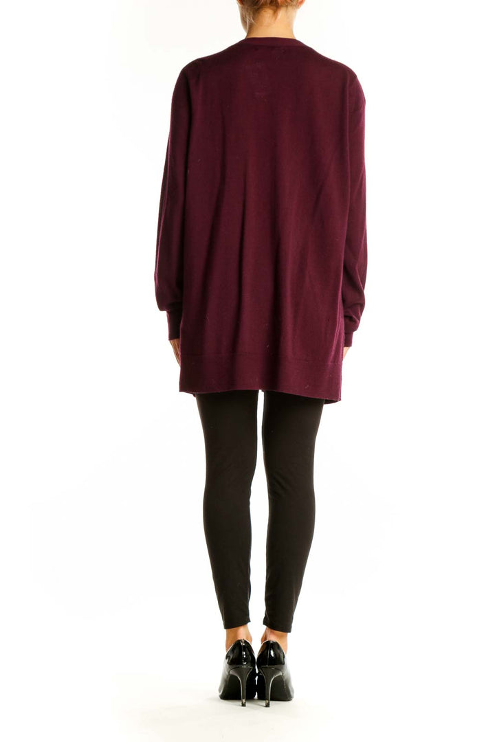 Side view of burgundy Banana Republic cardigan showing relaxed fit and length