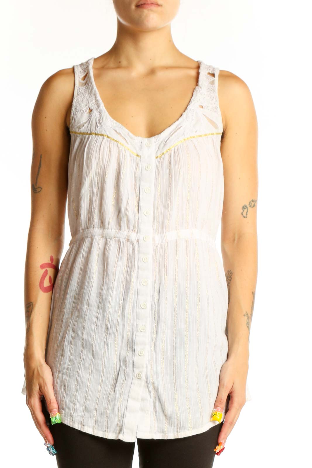 Front view of white sleeveless button-down top with gathered neckline