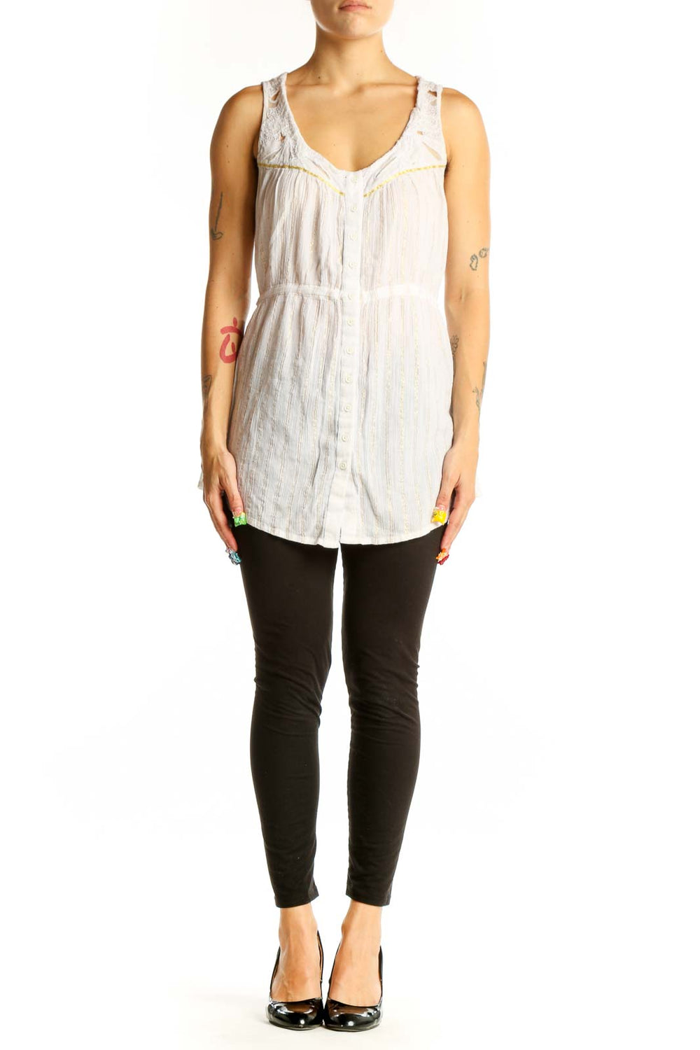Front view of white sleeveless button-down top with gathered neckline