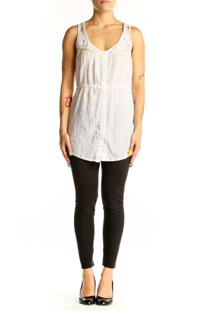 Front view of white sleeveless button-down top with gathered neckline