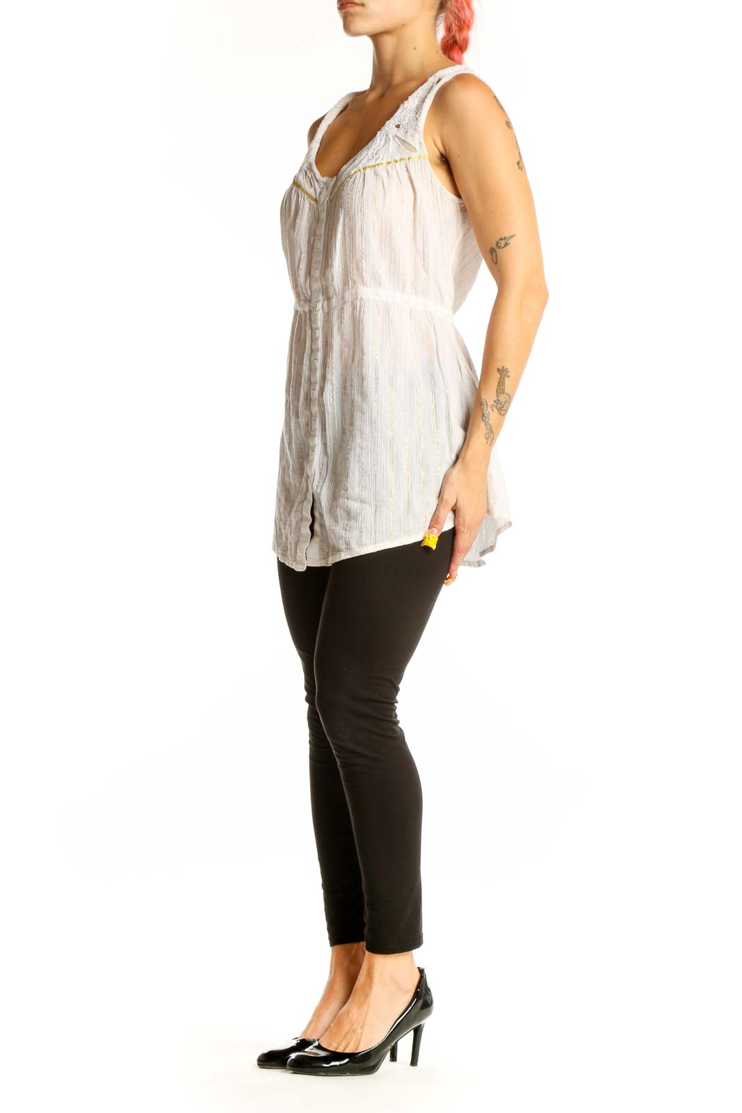 Front view of white sleeveless button-down top with gathered neckline