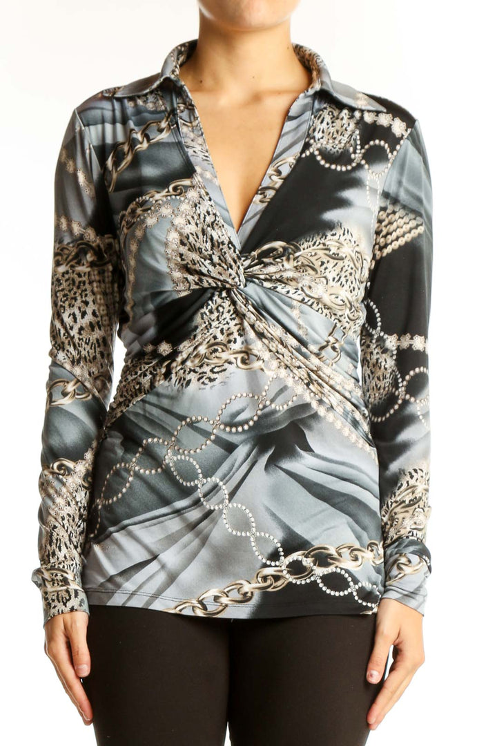 Front view of gray leopard print twist-front blouse by Cache