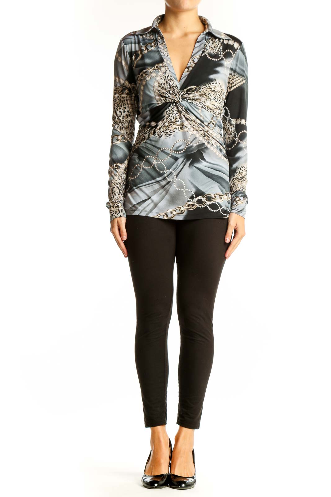 Front view of gray leopard print twist-front blouse by Cache
