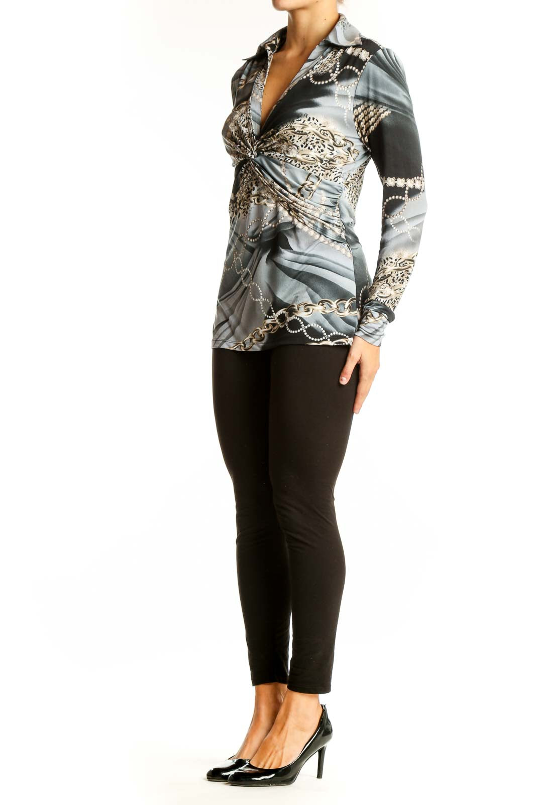 Front view of gray leopard print twist-front blouse by Cache