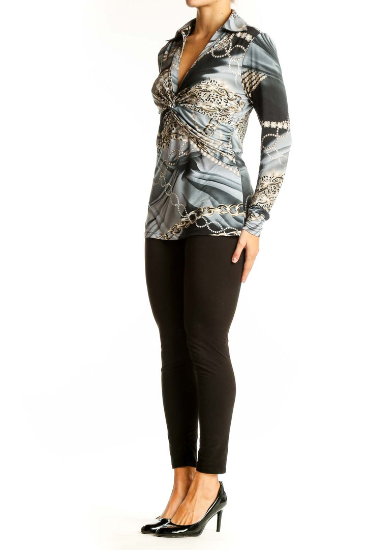 Front view of gray leopard print twist-front blouse by Cache