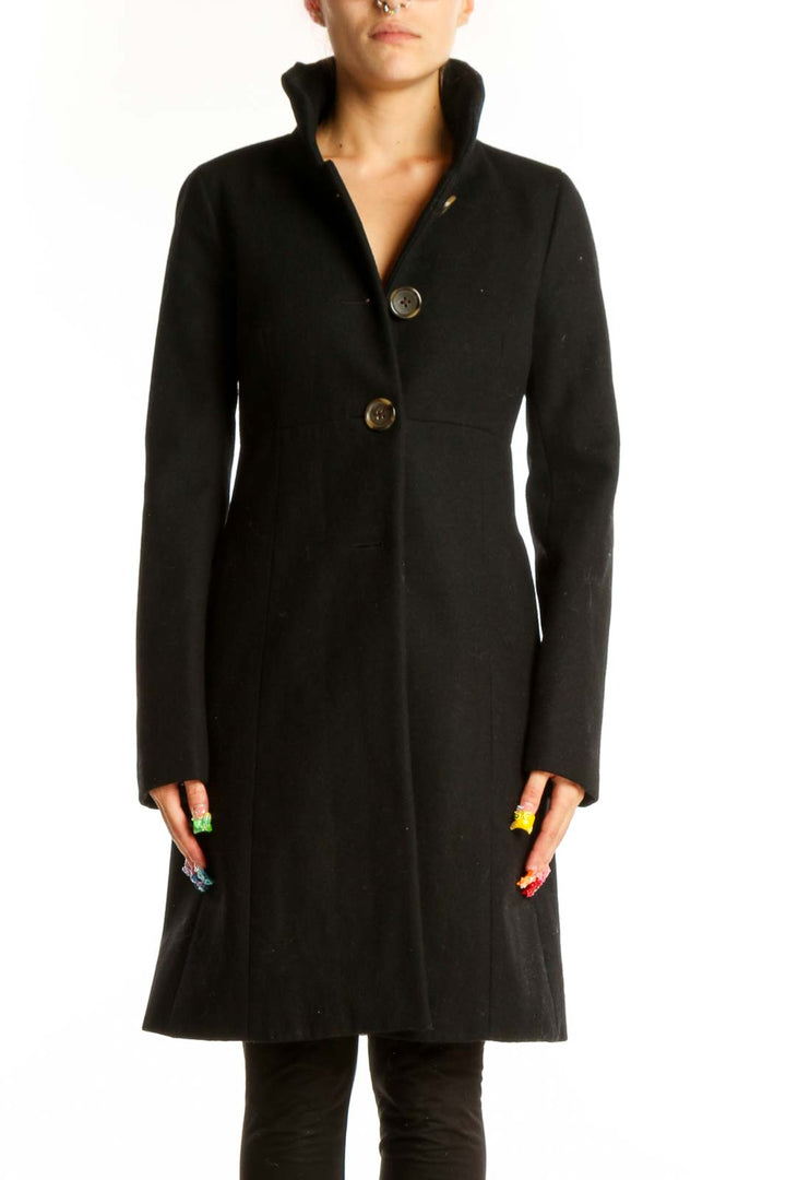Front view of J.Crew black long coat with high collar and buttons