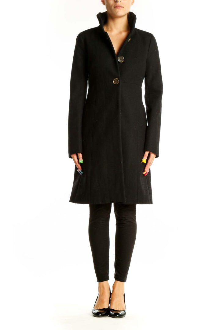 Front view of J.Crew black long coat with high collar and buttons