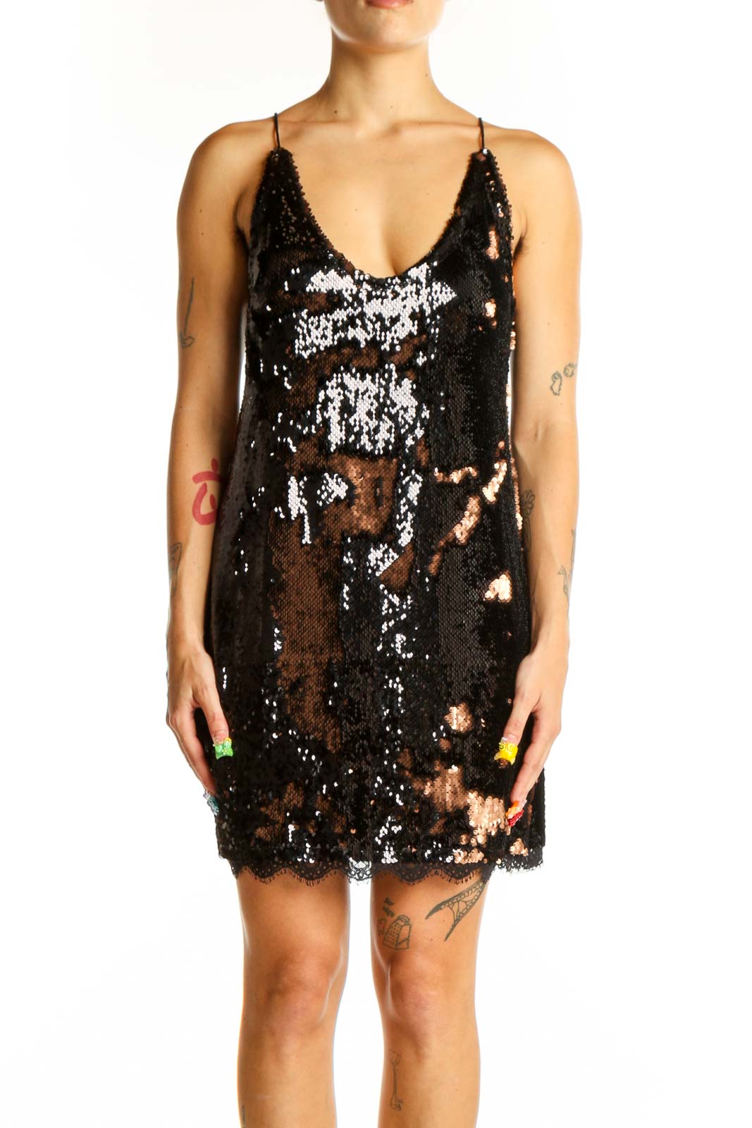 Front view of black sequin slip dress with lace trim by Intimately Free People