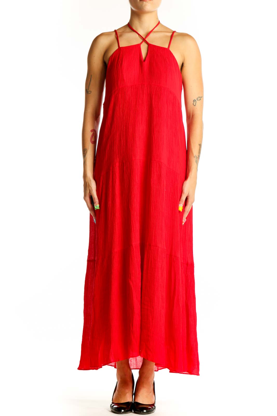 Front view of red halter maxi dress by Chelsea 28