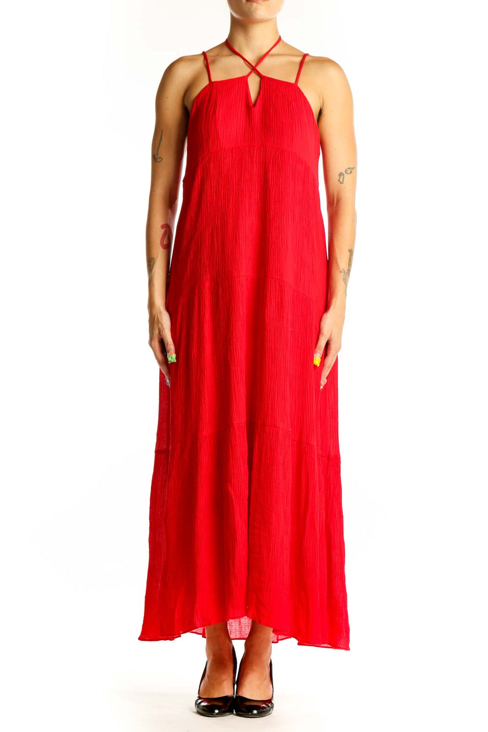 Front view of red halter maxi dress by Chelsea 28