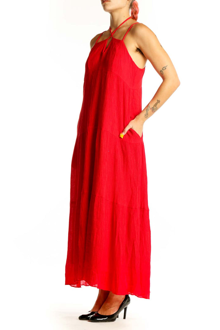 Front view of red halter maxi dress by Chelsea 28