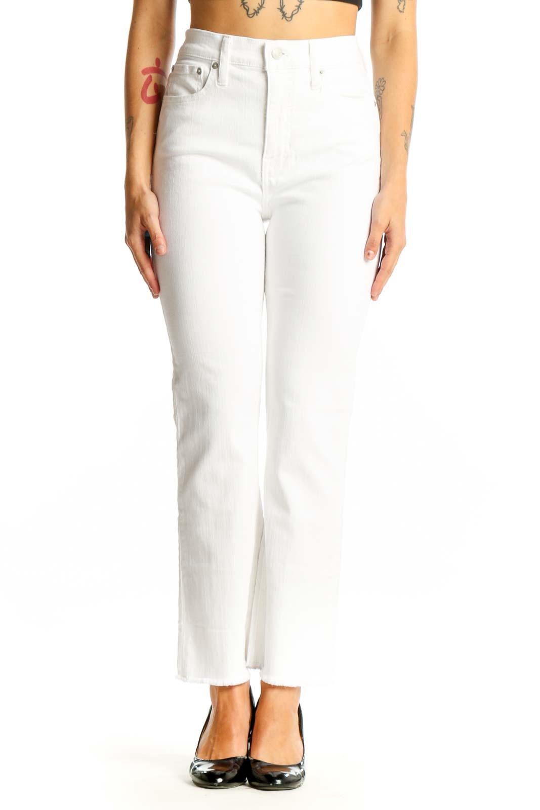 Front view of J.Crew white straight-leg jeans on model