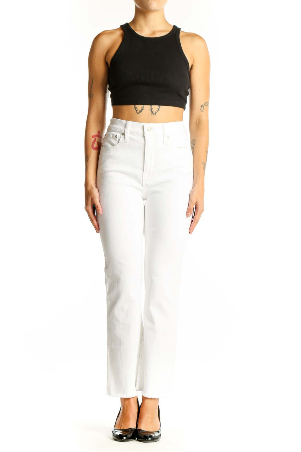 Front view of J.Crew white straight-leg jeans on model
