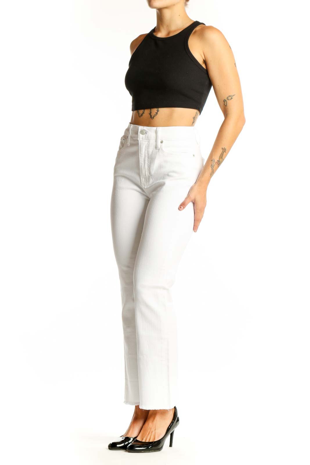 Front view of J.Crew white straight-leg jeans on model