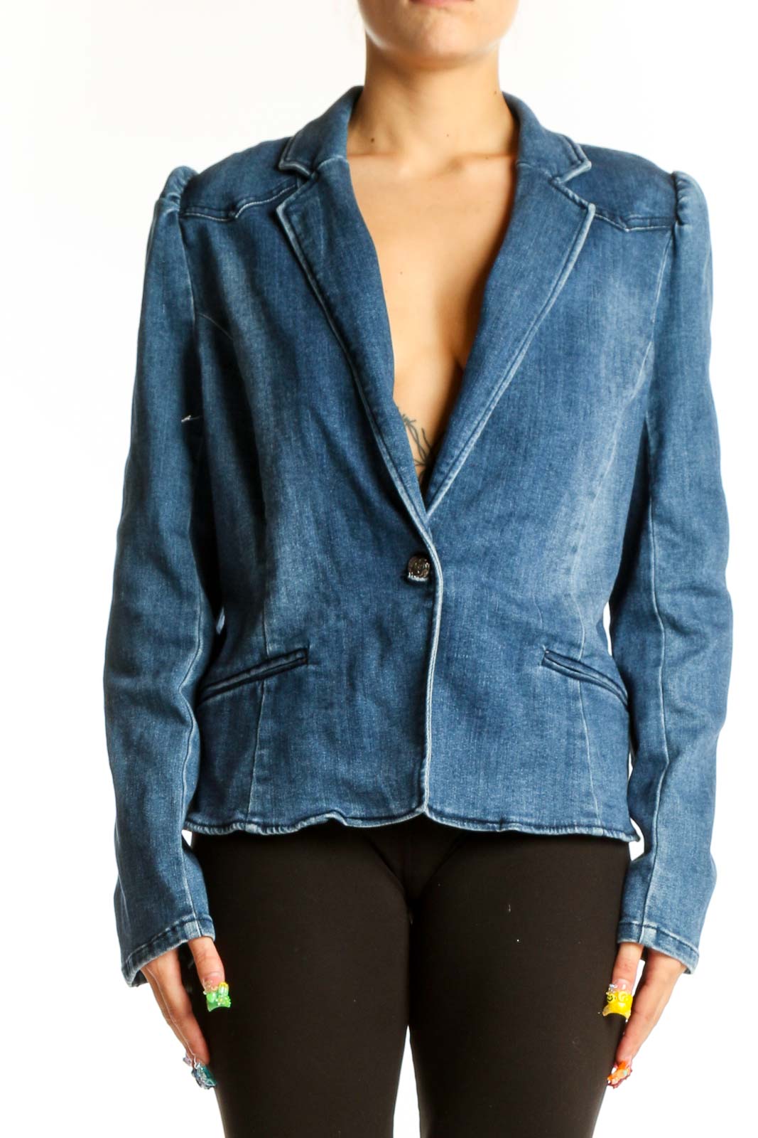 Front view of I.N.C blue denim blazer jacket with single-button closure