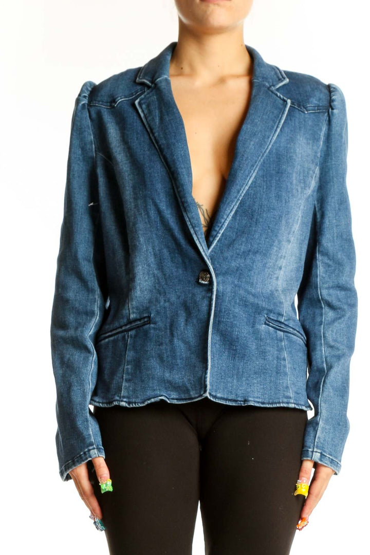 Front view of I.N.C blue denim blazer jacket with single-button closure