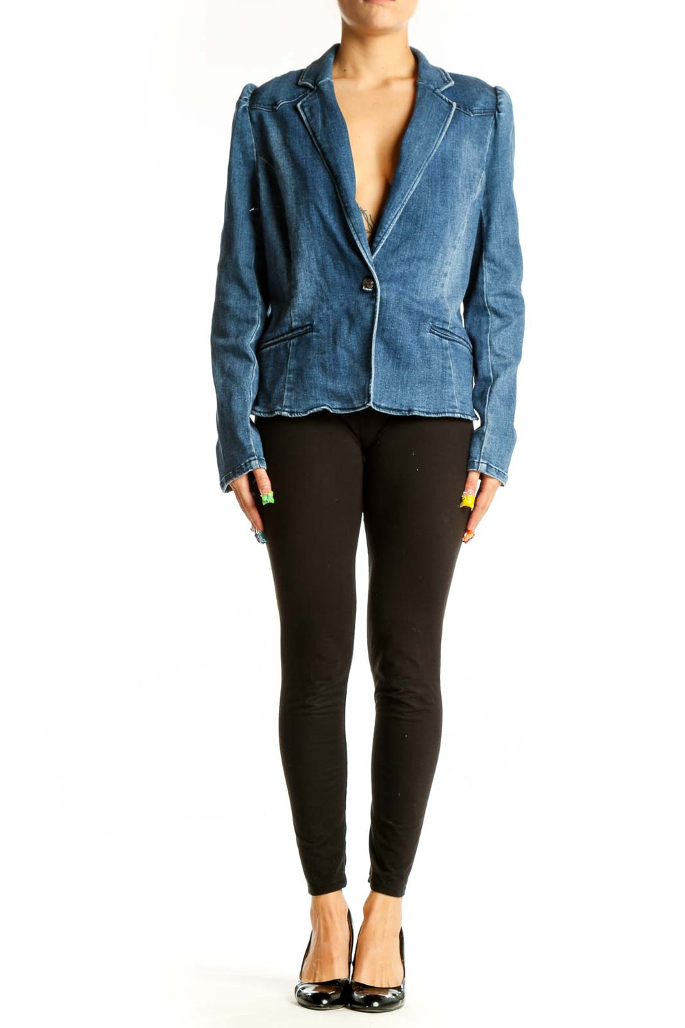 Front view of I.N.C blue denim blazer jacket with single-button closure