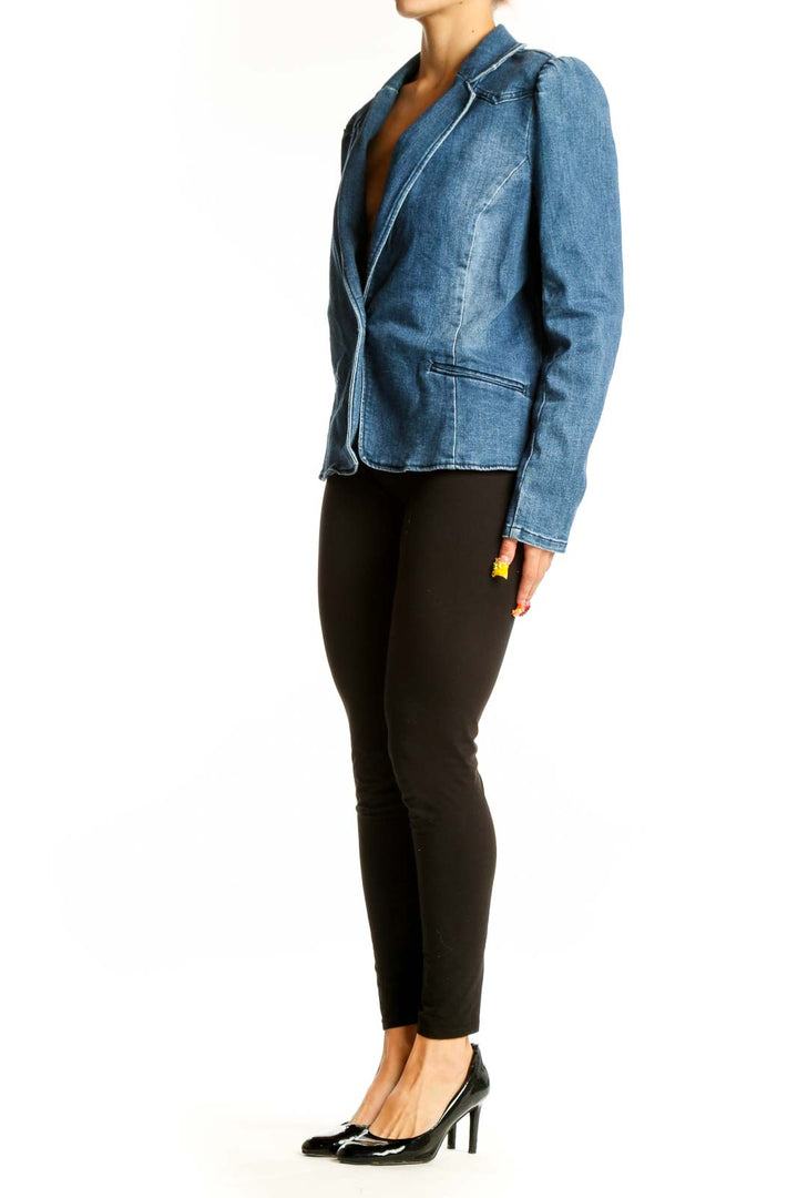 Front view of I.N.C blue denim blazer jacket with single-button closure