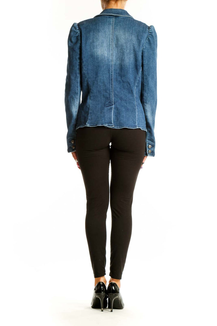 Side view of I.N.C blue denim blazer jacket showing tailored fit
