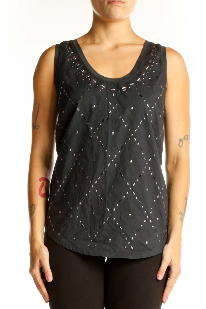 Front view of J.Crew black cotton tank top with embellished diamond pattern