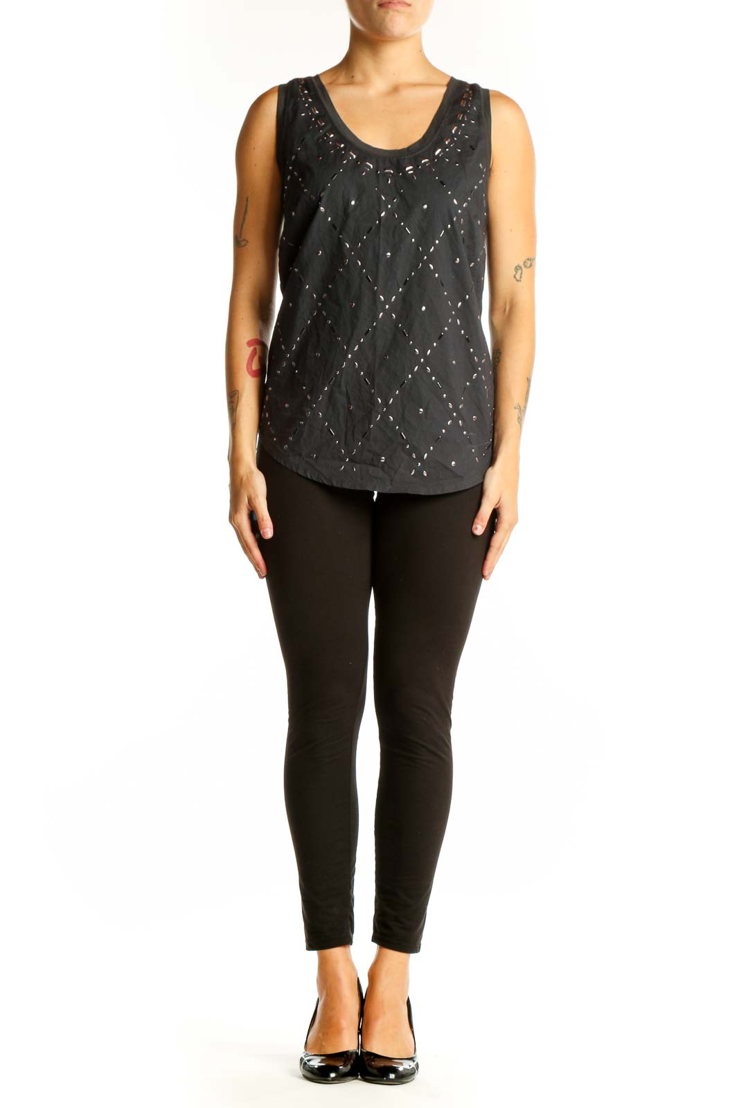 Front view of J.Crew black cotton tank top with embellished diamond pattern
