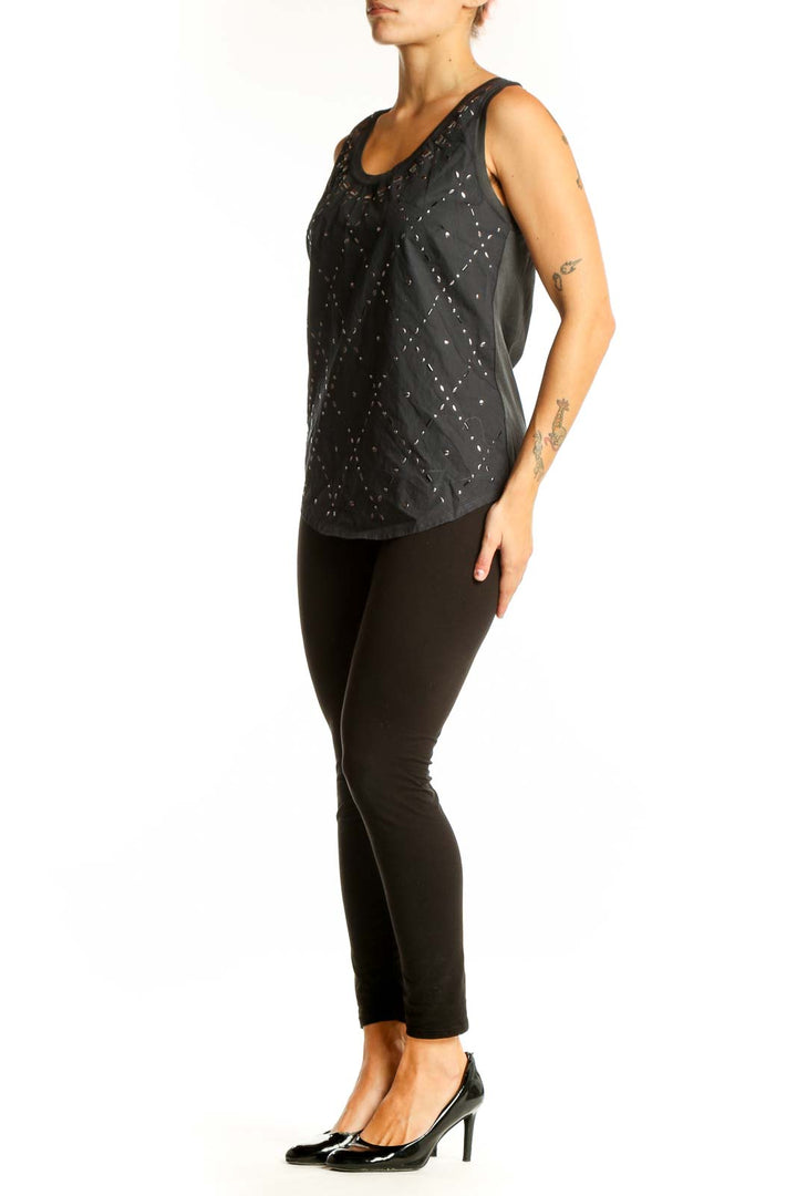 Front view of J.Crew black cotton tank top with embellished diamond pattern