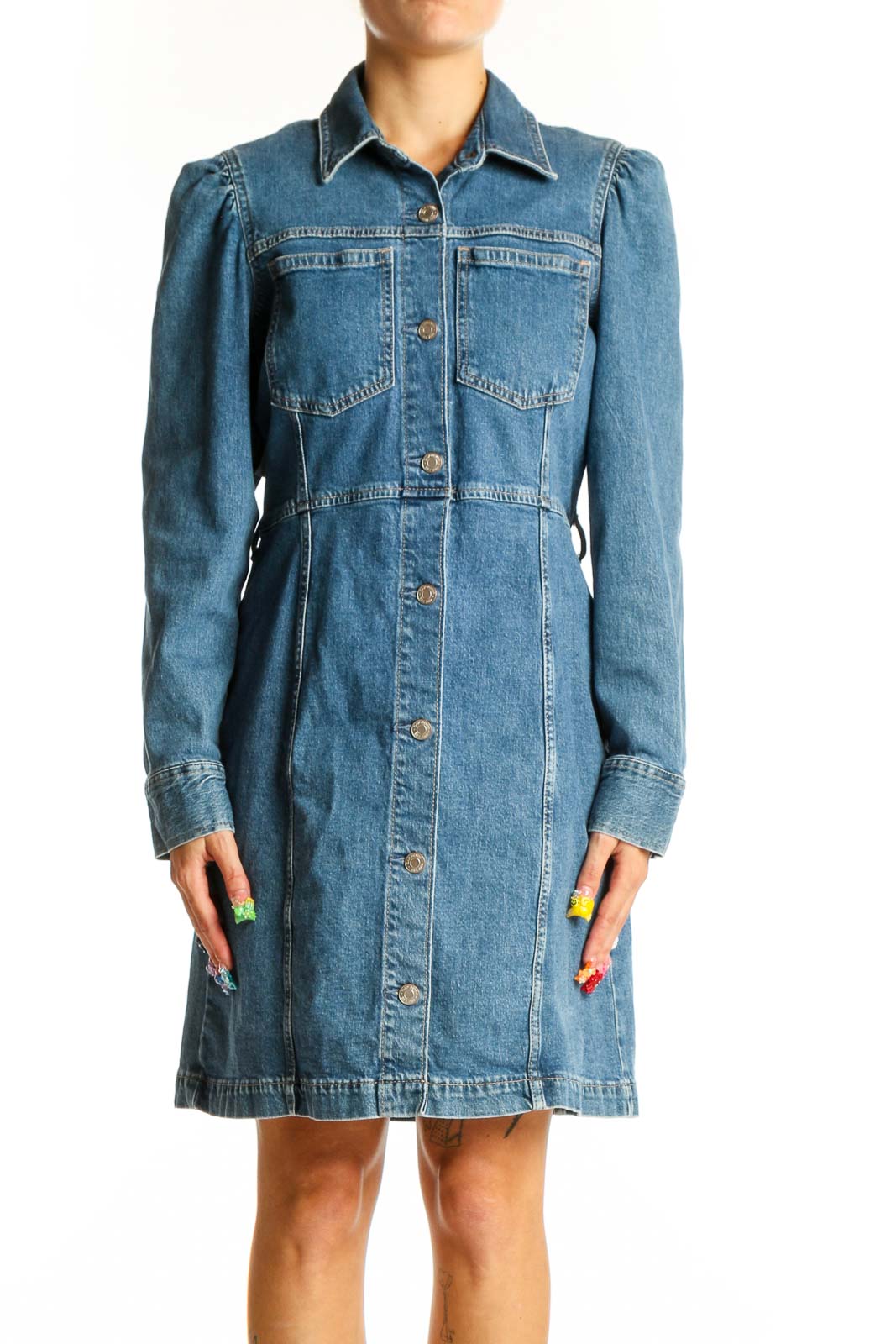 Front view of Gap blue denim button-up midi dress with puff sleeves