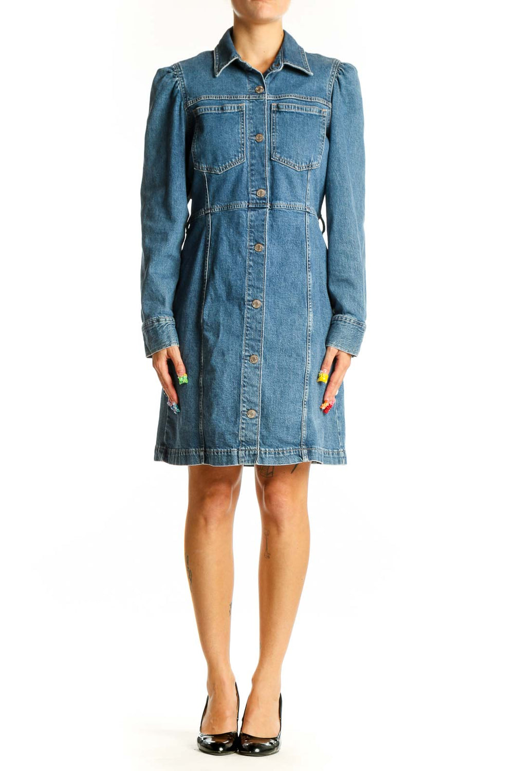 Front view of Gap blue denim button-up midi dress with puff sleeves