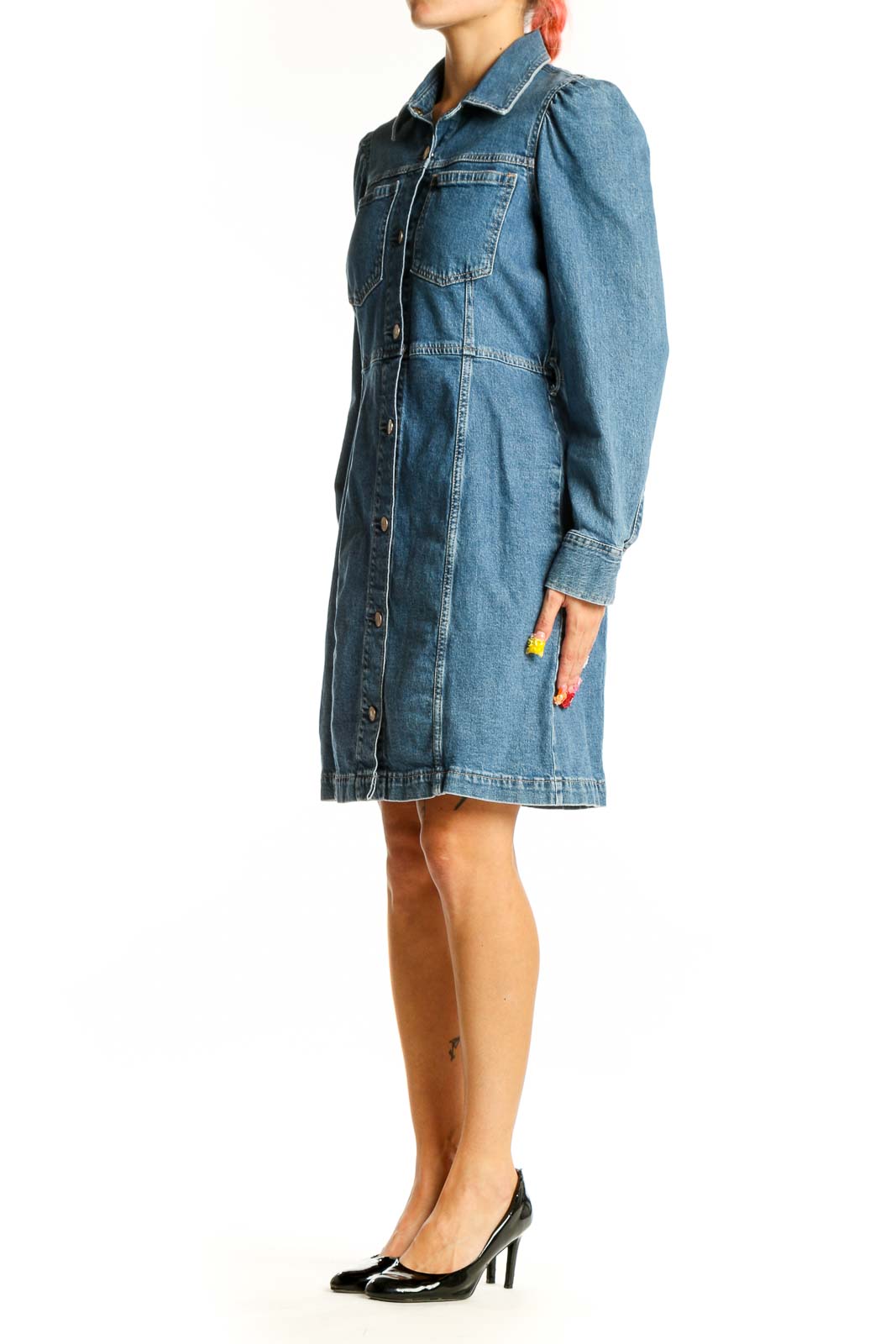 Front view of Gap blue denim button-up midi dress with puff sleeves