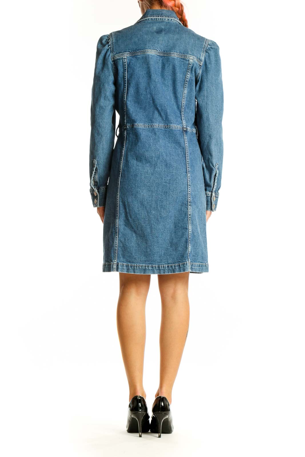 Back view of Gap blue denim button-up midi dress showing fitted silhouette