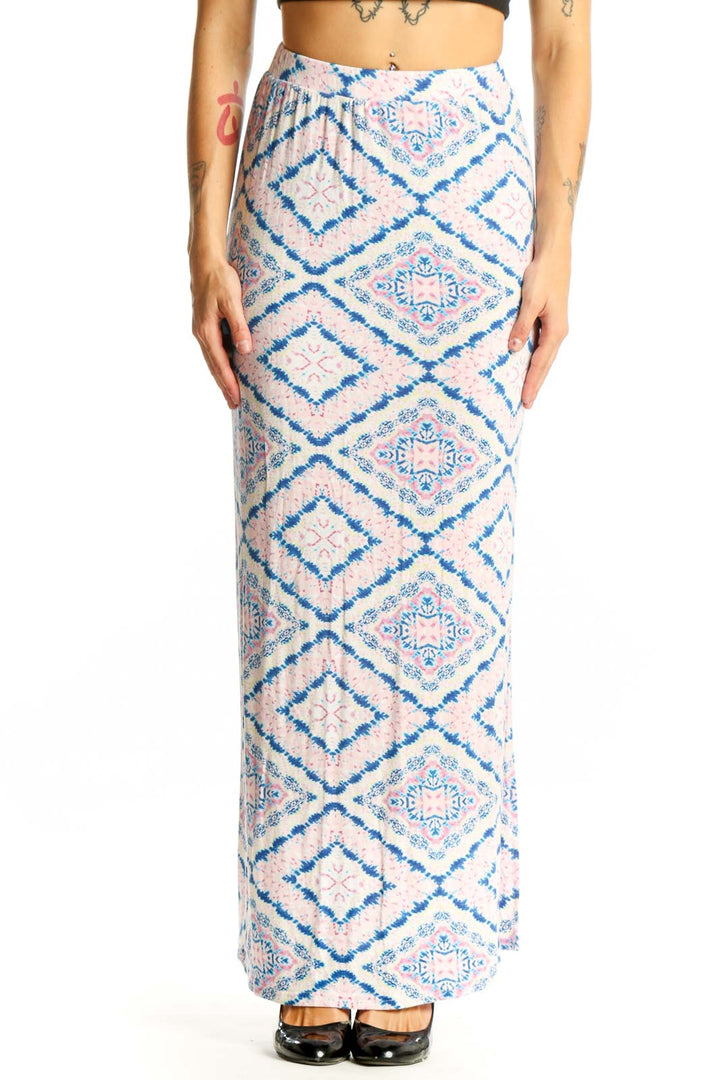 Front view of blue and pink geometric print maxi skirt by Romeo & Juliet Couture