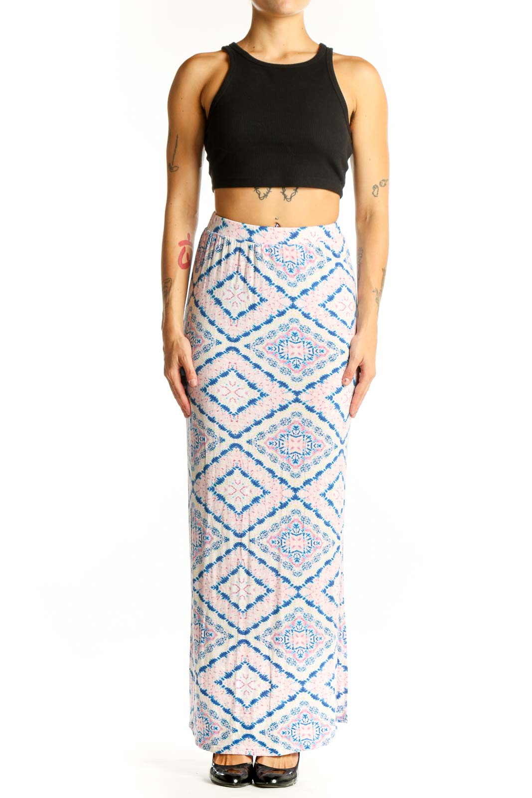 Front view of blue and pink geometric print maxi skirt by Romeo & Juliet Couture