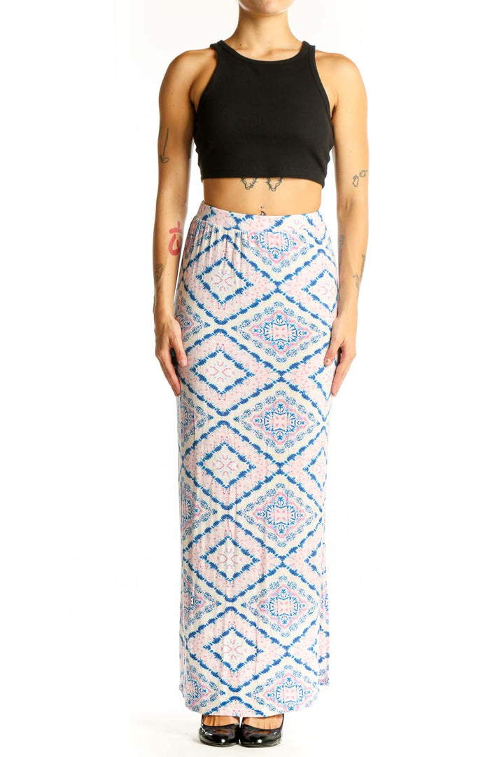 Front view of blue and pink geometric print maxi skirt by Romeo & Juliet Couture