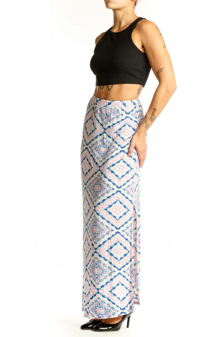 Front view of blue and pink geometric print maxi skirt by Romeo & Juliet Couture