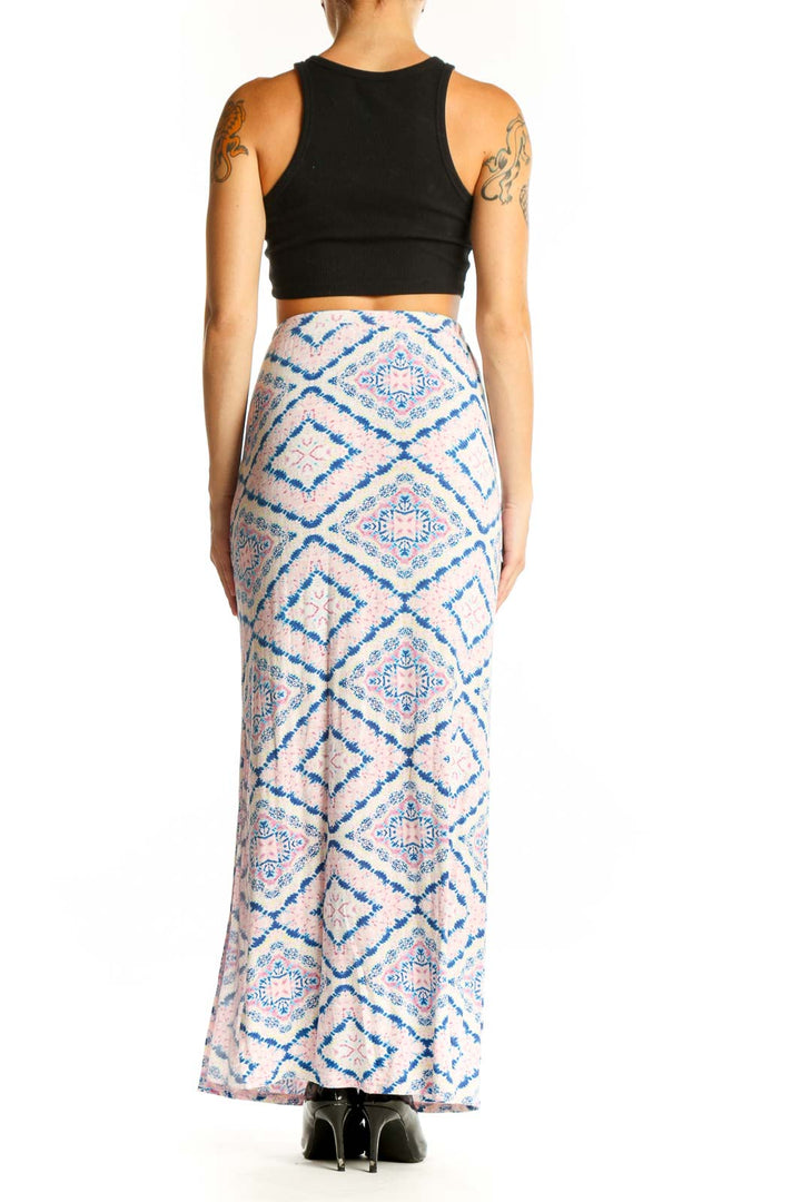 Side view of blue and pink geometric print maxi skirt by Romeo & Juliet Couture