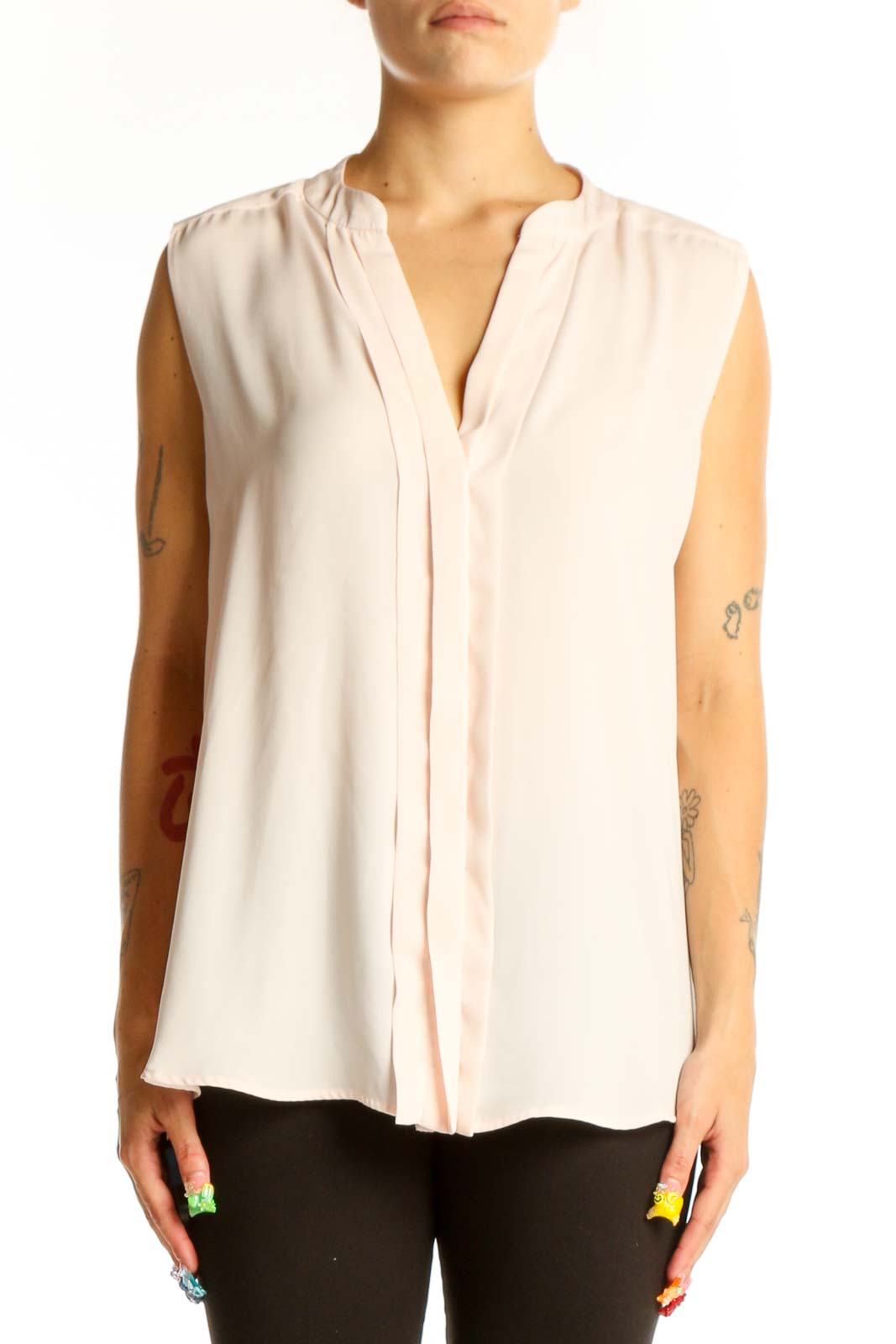 Front view of Mango blush sleeveless V-neck flowy blouse
