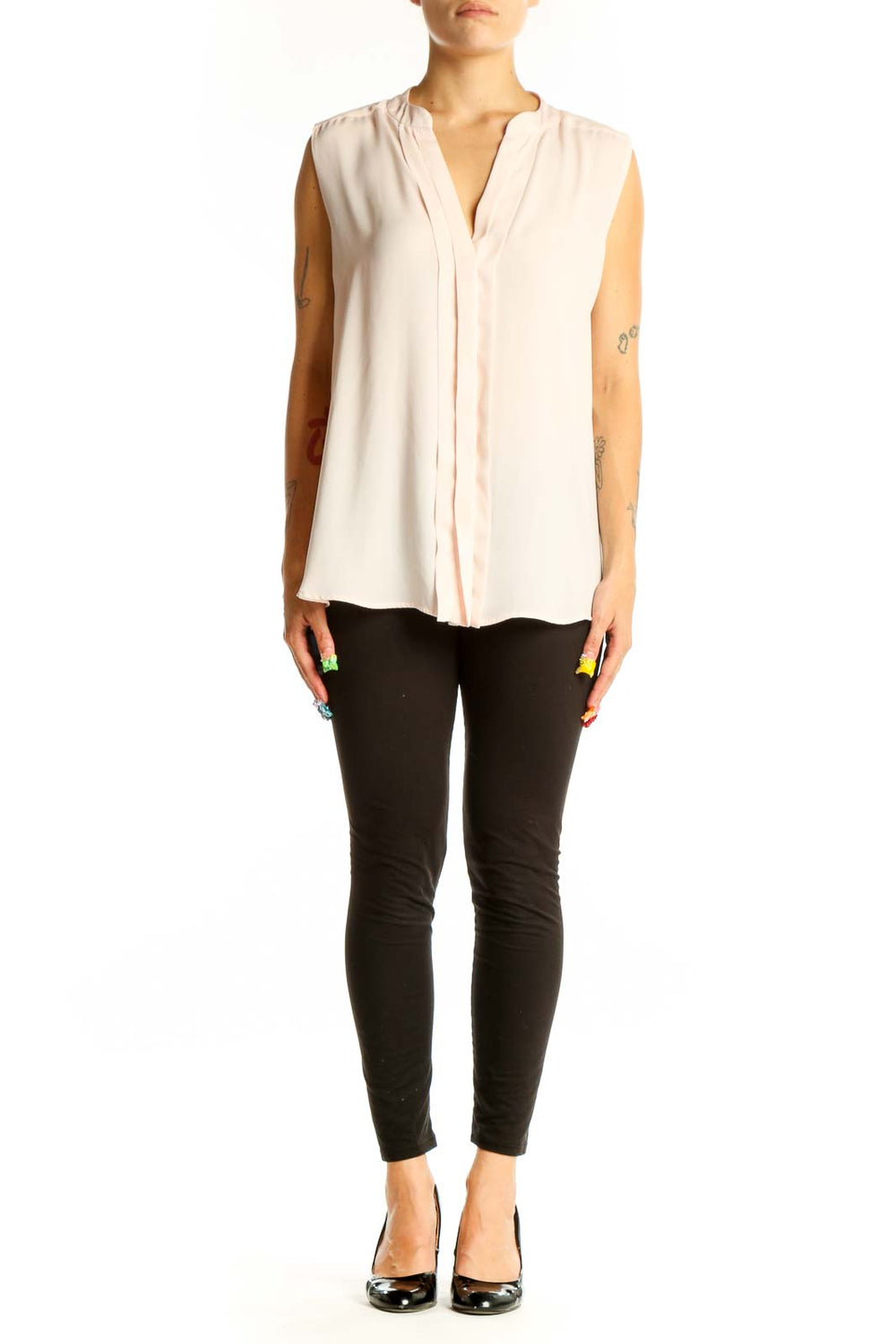 Front view of Mango blush sleeveless V-neck flowy blouse